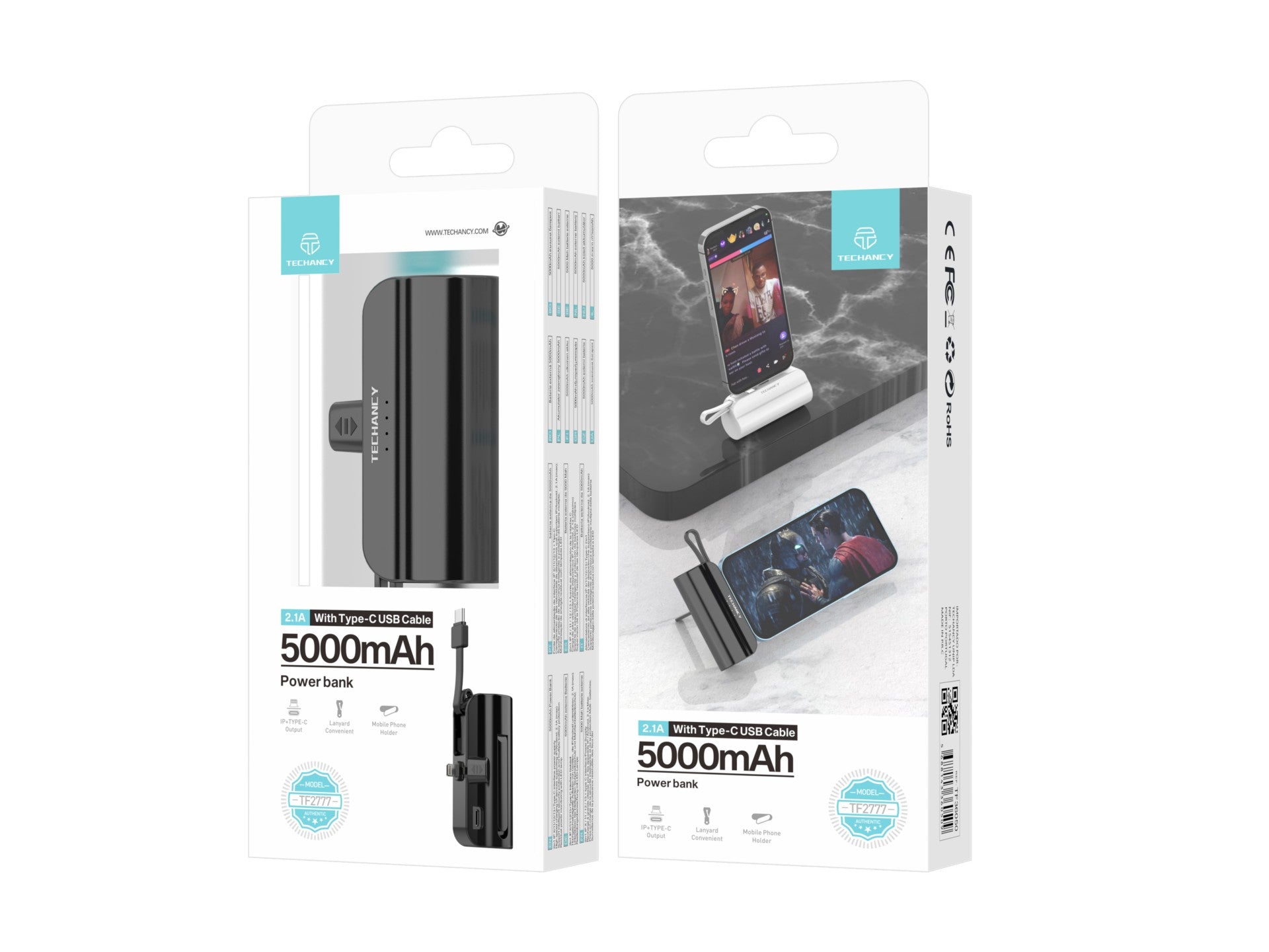 Carregador portátil Techancy 5000mAh, TF2777, cabo de carregamento 2 em 1 iP+Type-c com suporte para telemóvel, preto