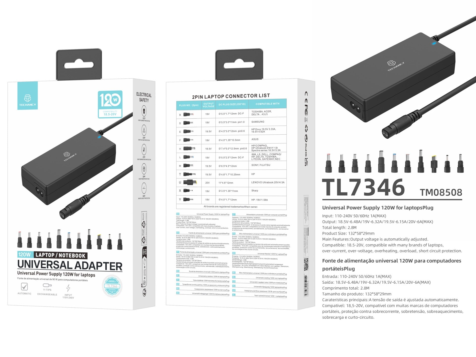 Adaptador de energia universal para laptops, com potência de 120W, 11 conectores