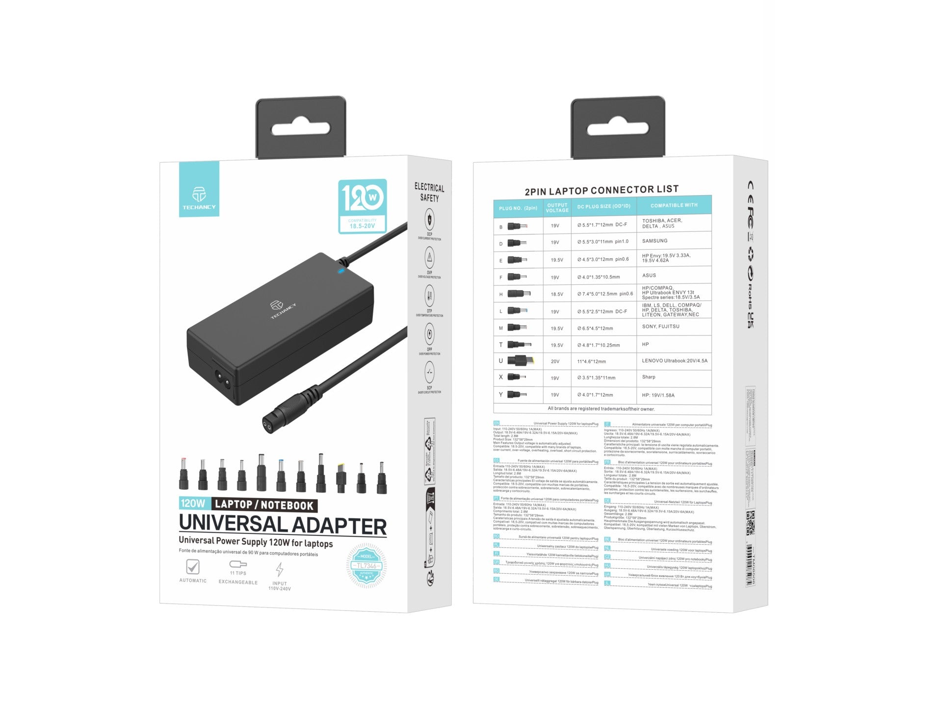 Adaptador de energia universal para laptops, com potência de 120W, 11 conectores